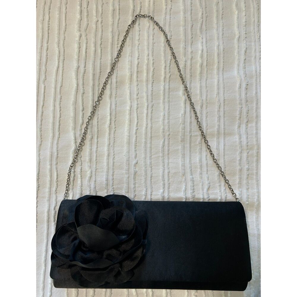 RSVP Clutch Purse Black Shoulder Chain Strap flower applique